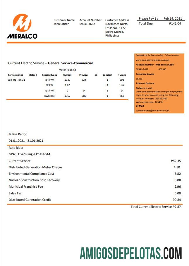 realista Filipinas Manila Electric Company (Meralco) Conta de serviços públicos de eletricidade modelo Word e PDF